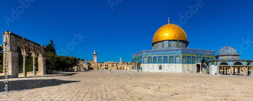 Panoramic view of Temple Mount with Dome of the Rock Islamic monument and Dome of the Chain shrine in Jerusalem Old City, Israel photo