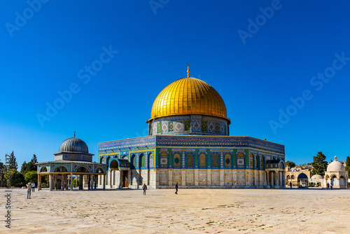 Dome of the Rock Islamic monument and Dome of the Chain shrine on Temple Mount of Jerusalem Old City, Israel