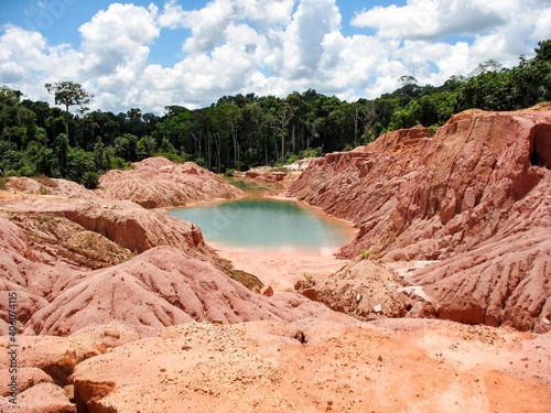 Gold mining place in Guyana, Abandoned gold mining pit. Amazon and Essequibo basin deforestation. Rainforest destruction.