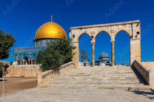 Temple Mount with arches and stairway leading to Dome of the Rock Islamic monument shrine in Jerusalem Old City, Israel