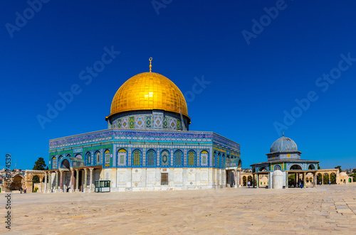 Dome of the Rock Islamic monument and Dome of the Chain shrine on Temple Mount of Jerusalem Old City, Israel