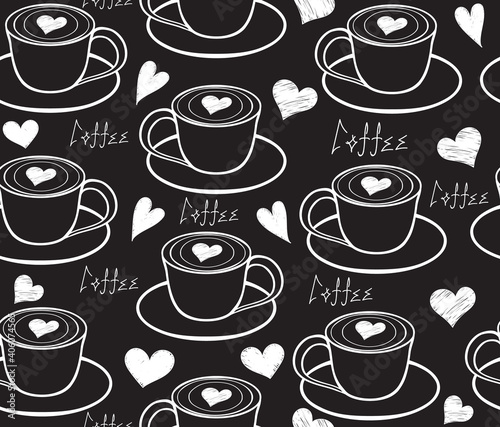 Beverage vector seamless pattern with hand drawn cups  hearts and the words  Coffee 