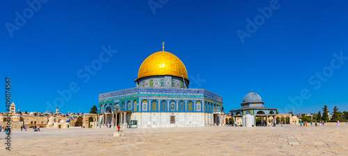 Panoramic view of Temple Mount with Dome of the Rock Islamic monument and Dome of the Chain shrine in Jerusalem Old City, Israel