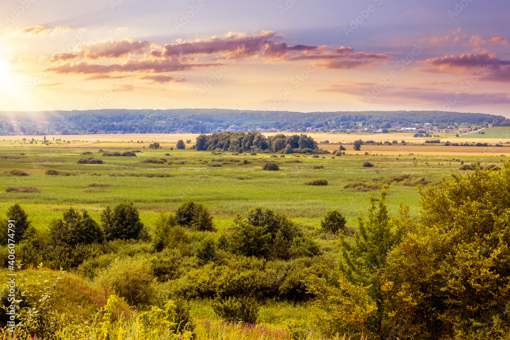 Fototapeta premium Summer landscape with sprawling green valley, forest in the distance and picturesque sky at sunset, paradise