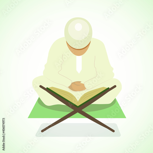 emirati or saudi arabic muslim boy in white kandora traditional clothes reading holy book quran in the mosque and praying faceless best model islamic religion vector illustration 