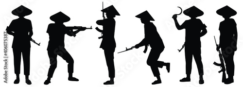 Set of female soldier silhouette vector on white background, person in the battle, military people concept.