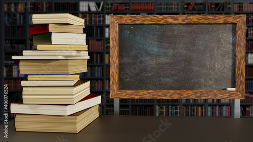 Chalk board and a stack of books on the table in the library against the background of a large bookcase. 3d illustration