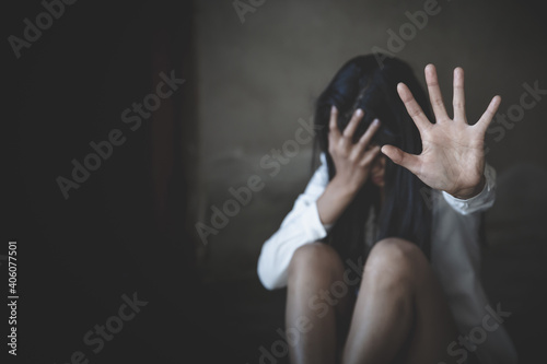 Фотография Stop sexual harassment and violence against women, rape and sexual abuse concept,  STOP gesture with hand, Stop drugs,  human rights violations, human trafficking, Copy space