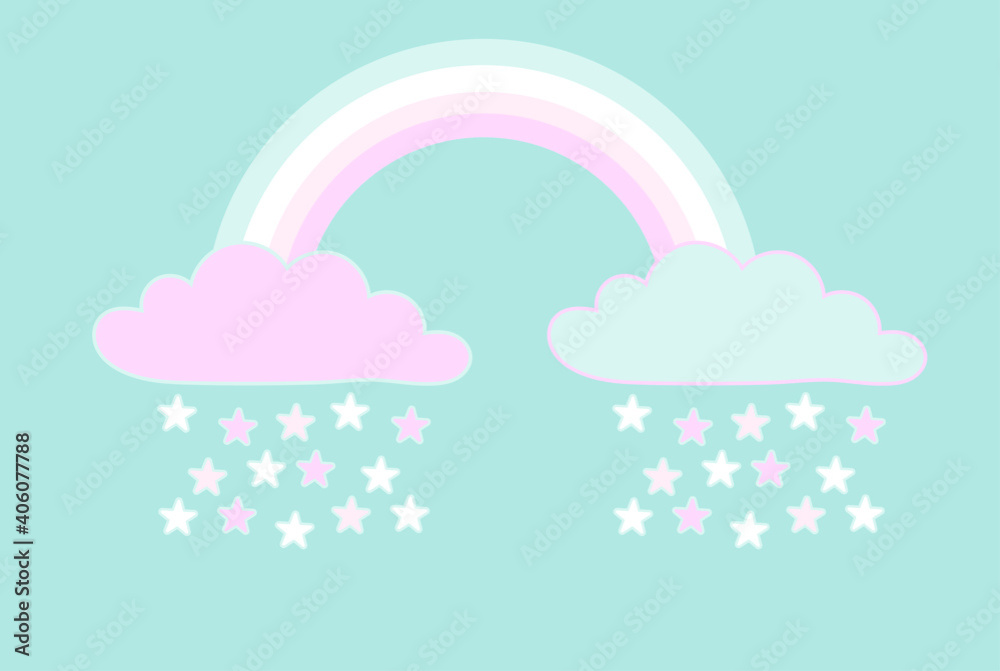 vector illustration of a cute rainbow with clouds. clouds in pastel colors with star rain