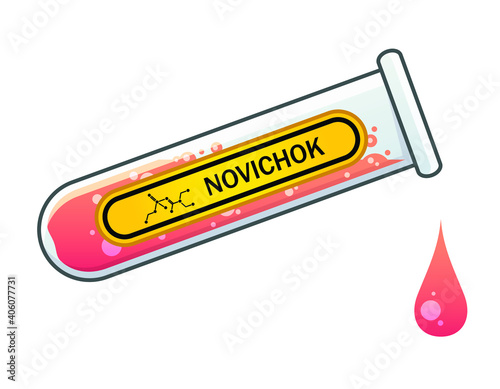 Chemical glass flask with pink dripping drop of poison liquid. Yellow label with novichok indicated. Nerve agent and binary chemical weapon. Cartoon illustration.