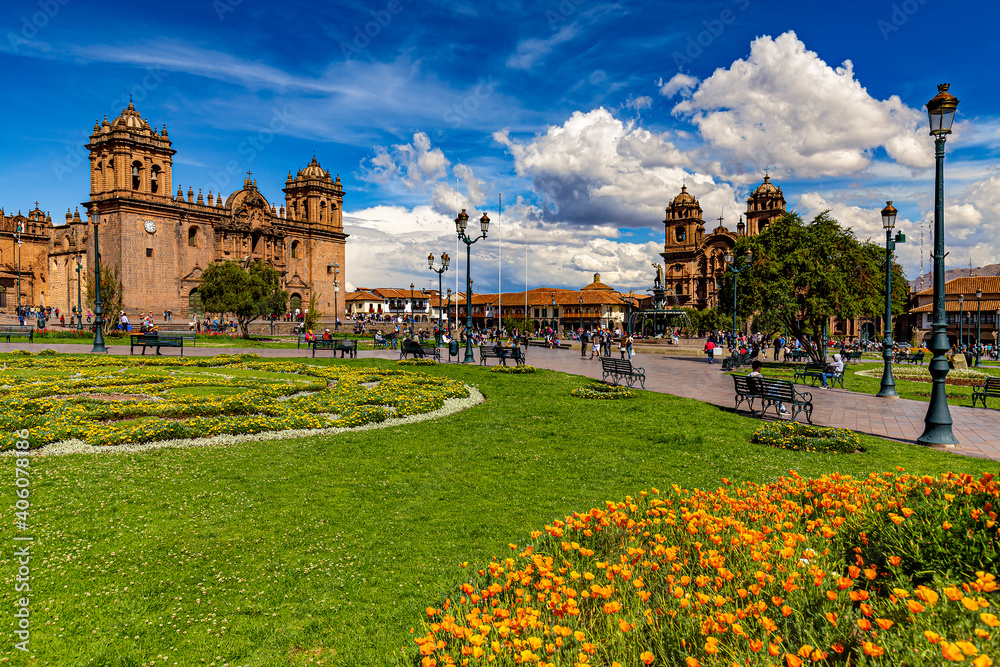 Peru. Cusco, historic city of the Inca Empire. Cusco's main square (Plaza de Armas). The Cathedral Basilica (on the left side) and the Church of the Society of Jesus in the background