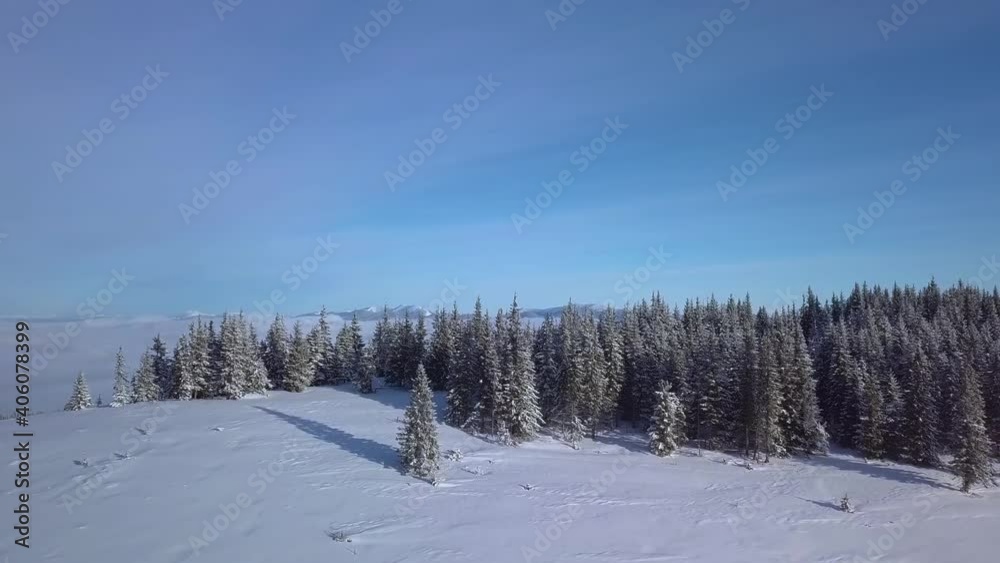 Flight over forest and fog in the Carpathians. Beautiful landscape of winter mountains. Aerial view. 4K Flight over forest and fog in the Carpathians. Beautiful landscape of winter mountains. Aerial view. 4K