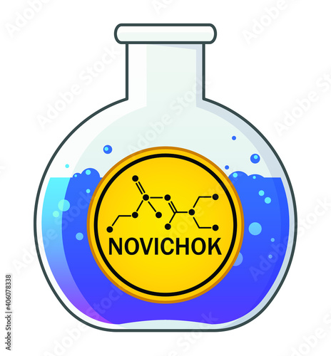Chemical laboratory glass flask with blue liquid. Yellow label with novichok indicated. Nerve agent and binary chemical weapon. Poison or acid. Cartoon illustration.
