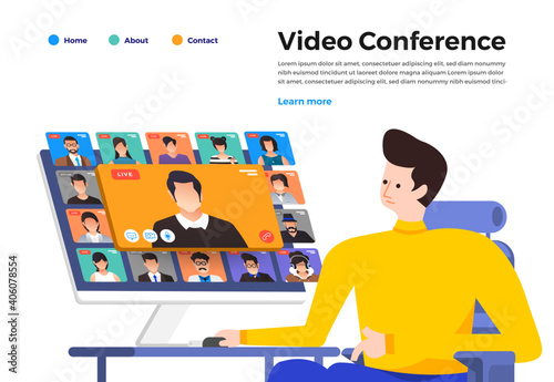 Illustrations flat design concept video conference. online meeting work form home. Call and live video. Vector illustrate.