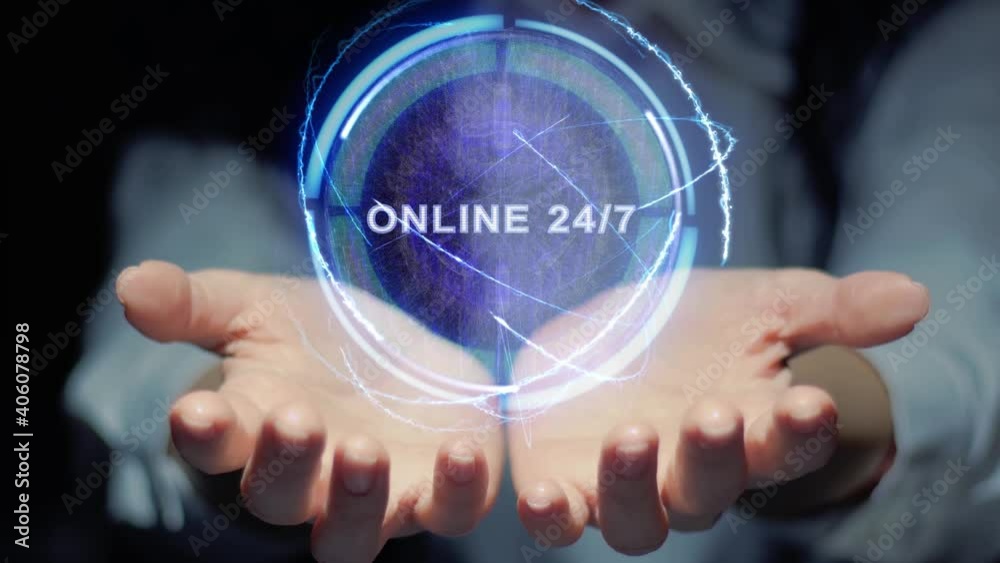 Female hands show a round conceptual hologram with text Online 24 7. Unrecognizable woman in ashen white on a black background with future holographic technology Female hands show a round conceptual hologram with text Online 24 7. Unrecognizable woman in ashen white on a black background with future holographic technology