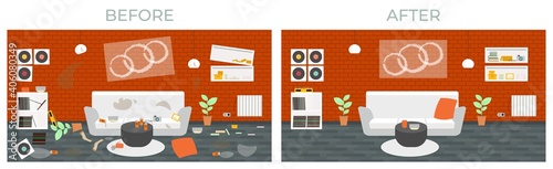 Dirty and clean room. Disorder in the interior. Room before and after cleaning. Flat style vector illustration.