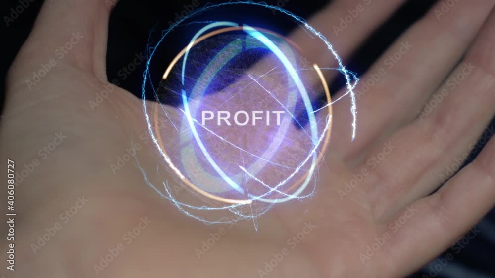 Profit text in a round conceptual hologram on a female hand. Close-up of a hand on a black background with future holographic technology