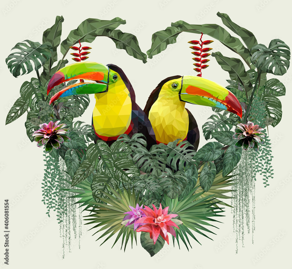 Fototapeta premium Polygonal Illustration Toucan bird and Amazon plants.