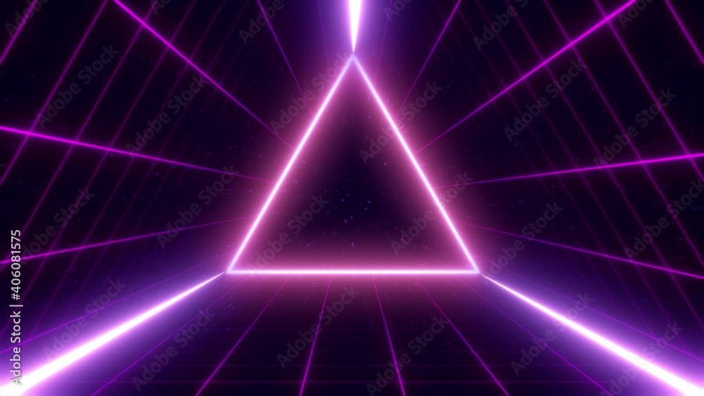 Digital retro wave grid, wireframe net. Triangle corridor motion background. Cyber space. 80s, 90s retro, vintage style. Neon laser lights blinking. Bright glowing tunnel. Purple, pink colors. 3D clip