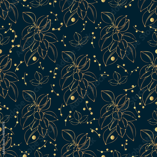 Gold seamless hand drawing. Floral background with golden leaves of ficus on a dark background. Baby texture