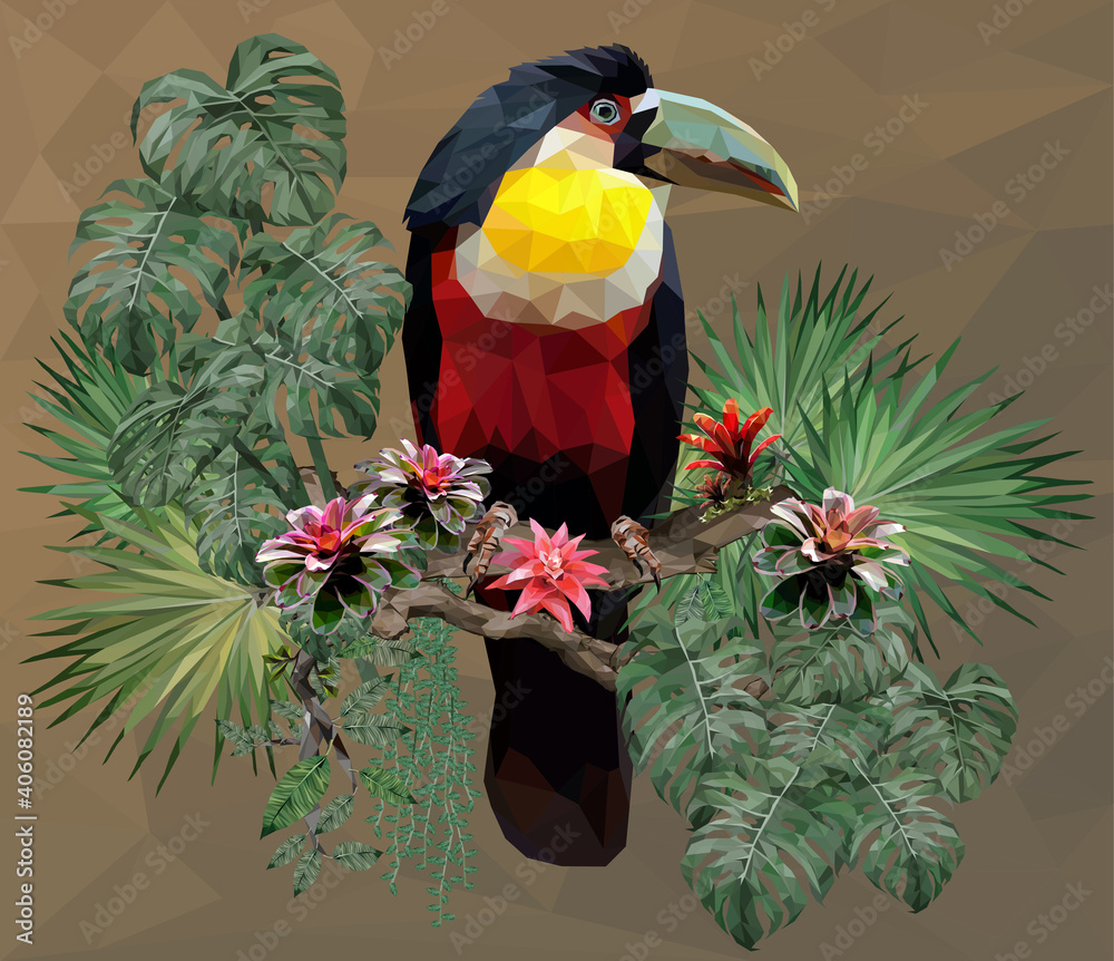 Fototapeta premium Polygonal Illustration Toucan bird and Amazon plants.