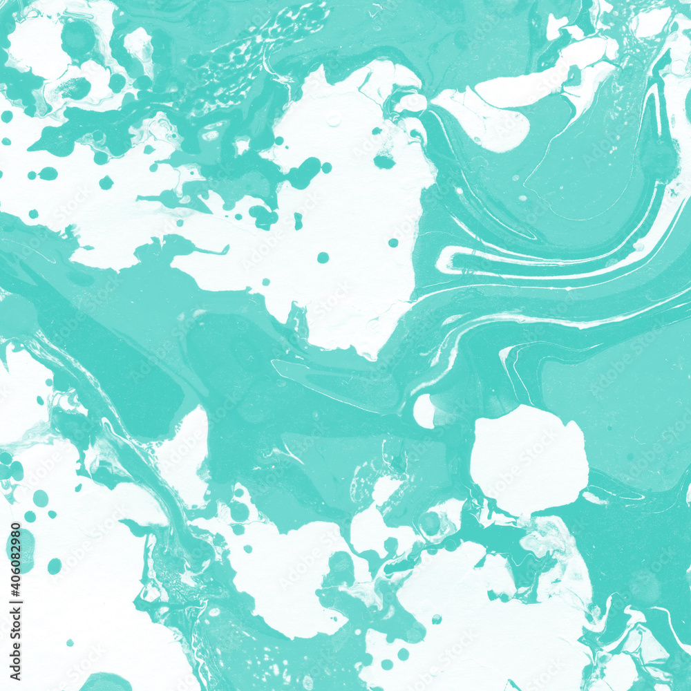 Obraz premium Aqua marble ink texture on watercolor paper background. Marble stone image. Bath bomb effect. Psychedelic biomorphic art.