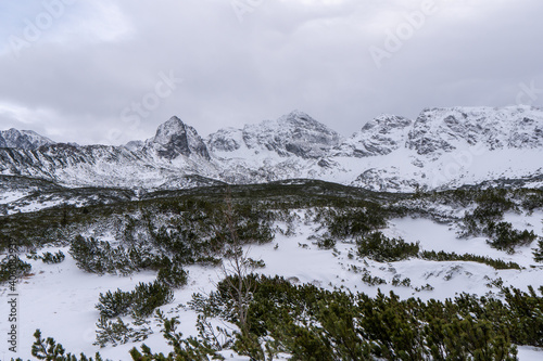 Fototapeta Naklejka Na Ścianę i Meble -  Winter mountains panoramic view with clouds. Tatras mountain in poland europe. Koscielec