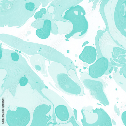 Aqua marble ink texture on watercolor paper background. Marble stone image. Bath bomb effect. Psychedelic biomorphic art.