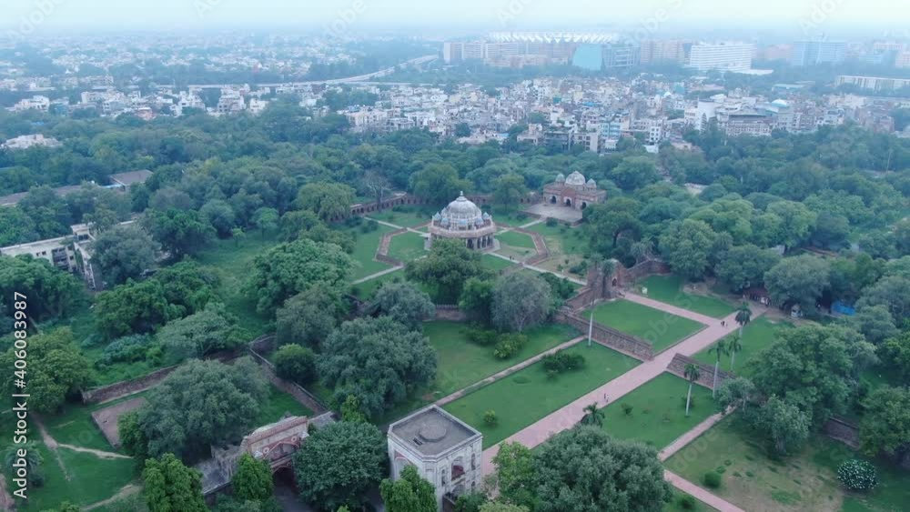 An aerial shot of Isa Khan's tomb in New Delhi, India
