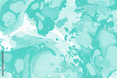 Aqua marble ink texture on watercolor paper background. Marble stone image. Bath bomb effect. Psychedelic biomorphic art.