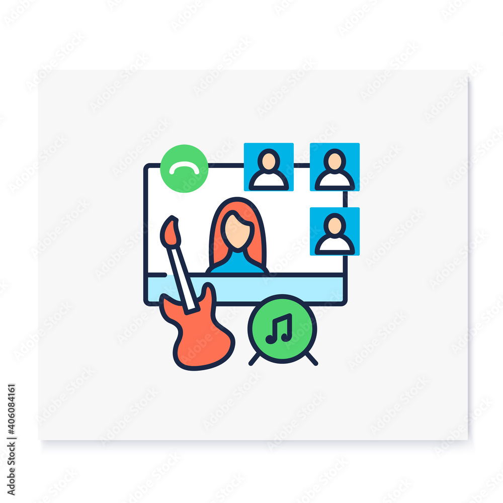 Online music concert color icon. Meeting together concept. Internet streaming website. Live stream. Social distanced party. Remote public event, jam session. Isolated vector illustration Online music concert color icon. Meeting together concept. Internet streaming website. Live stream. Social distanced party. Remote public event, jam session. Isolated vector illustration