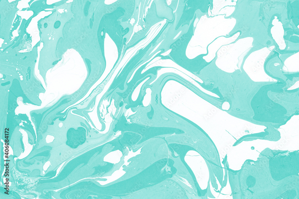 Aqua marble ink texture on watercolor paper background. Marble stone image. Bath bomb effect. Psychedelic biomorphic art.