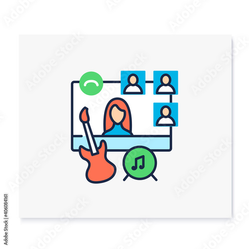 Online music concert color icon. Meeting together concept. Internet streaming website. Live stream. Social distanced party. Remote public event, jam session. Isolated vector illustration