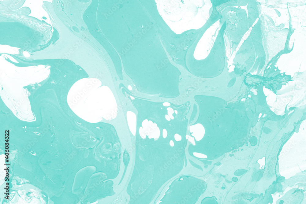 Fototapeta premium Aqua marble ink texture on watercolor paper background. Marble stone image. Bath bomb effect. Psychedelic biomorphic art.