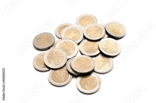 Bunch of two euro coins isolated on white background