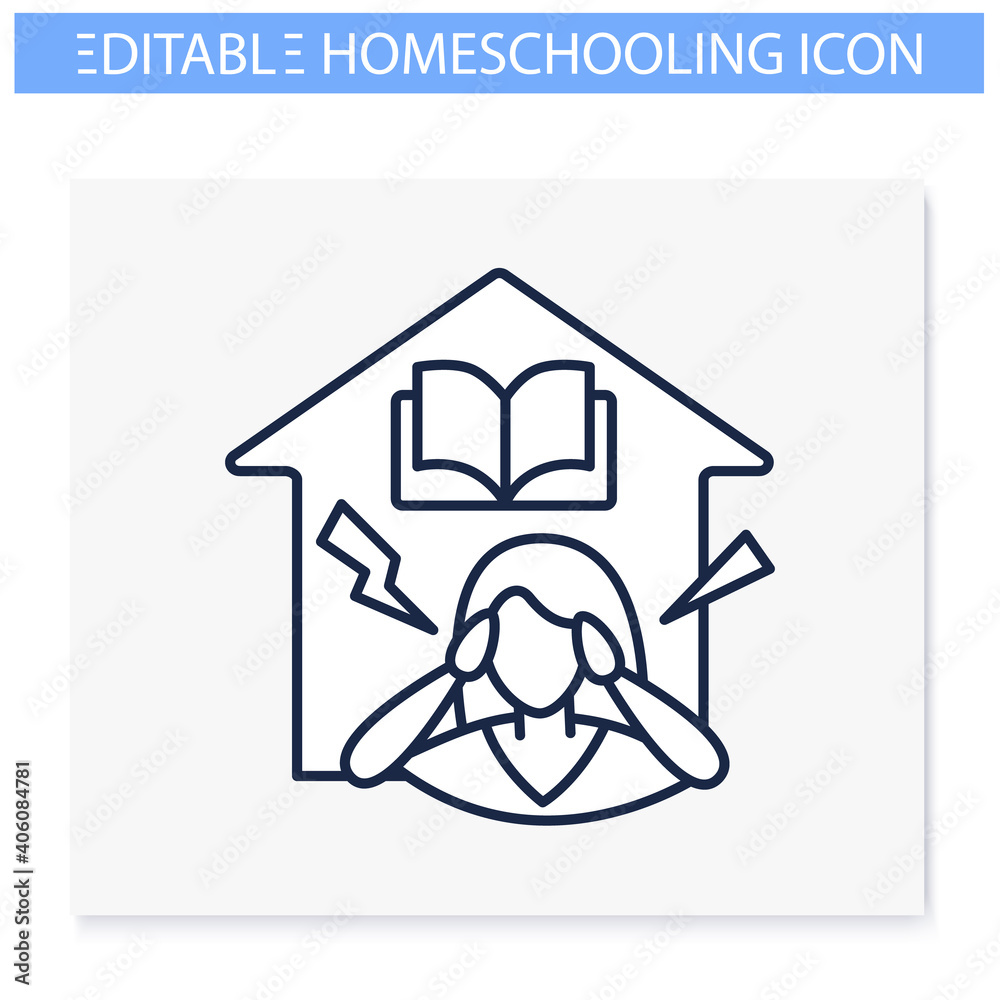 Stress at home line icon. Mom is tired of her child home schooling. Online education concept. Distance learning and home teaching. Editable vector illustration. Stress at home line icon. Mom is tired of her child home schooling. Online education concept. Distance learning and home teaching. Editable vector illustration.