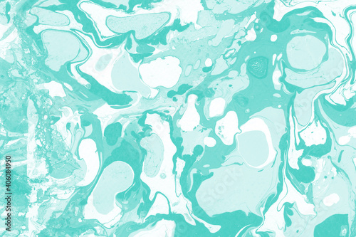 Aqua marble ink texture on watercolor paper background. Marble stone image. Bath bomb effect. Psychedelic biomorphic art.