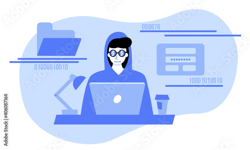 Illustration of hacker hacking data and passwords with laptop. Stylish illustration with hacker