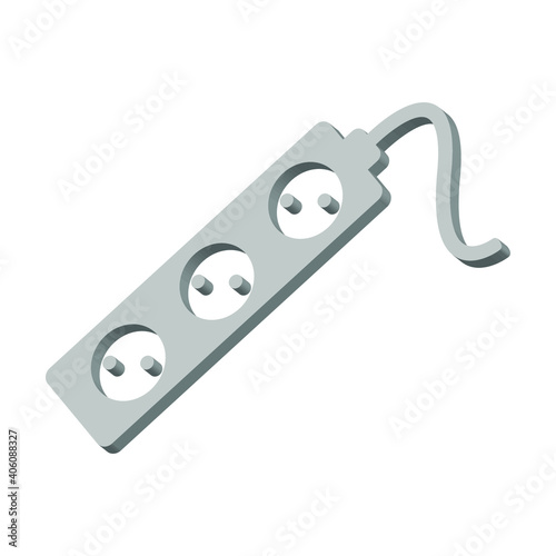 Electric extension cord gray on a white background 3d, vector
