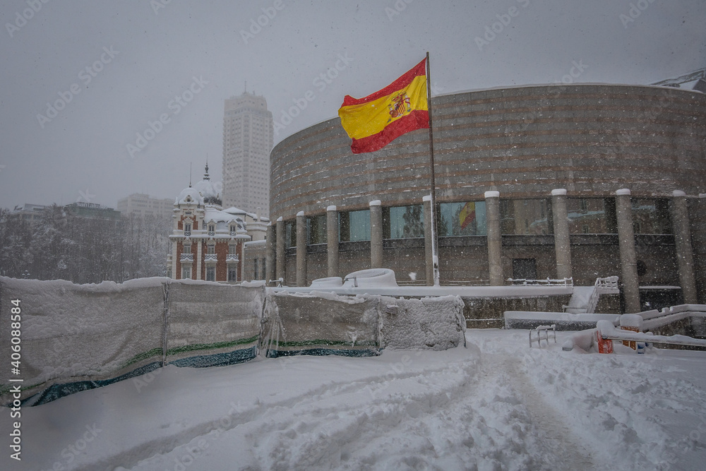 Cityscape of the streets of Madrid during The Snow Storm