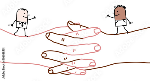 Cartoon Black and White Men walking on big Crossed Hands