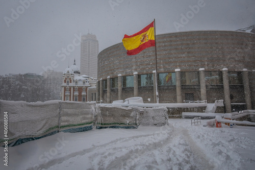 Cityscape of the streets of Madrid during The Snow Storm 