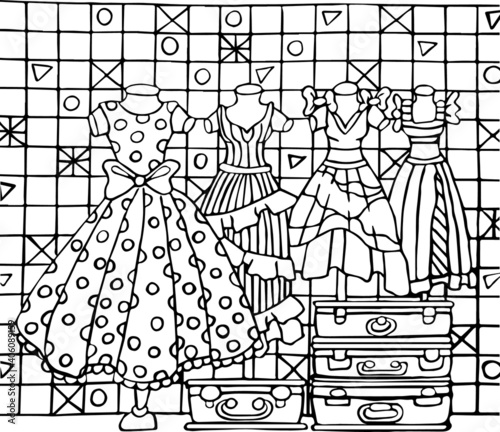 Black and white picture coloring antistress with beautiful dresses, suitcases, patterned wallpaper.Vector illustration for art therapy, coloring, for greeting cards, posters, stickers, design.
