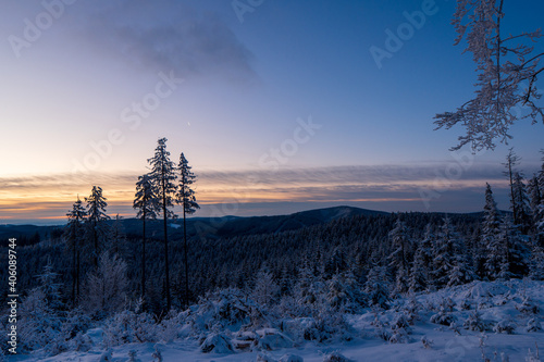 Colorful winter sunrise in mountains. Frozen morning in carpathian mountains with pink clouds in a sky. Europe travel, beauty world, Happy New Year, Marry Christmas.