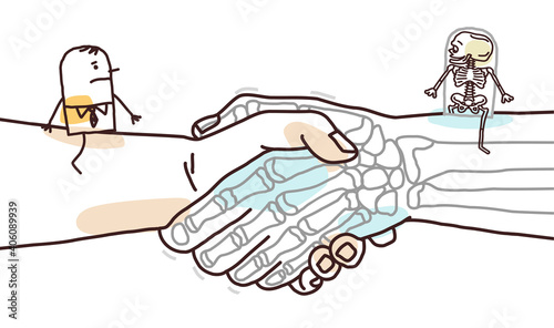Cartoon Man and Skeleton sitting on a big Handshake