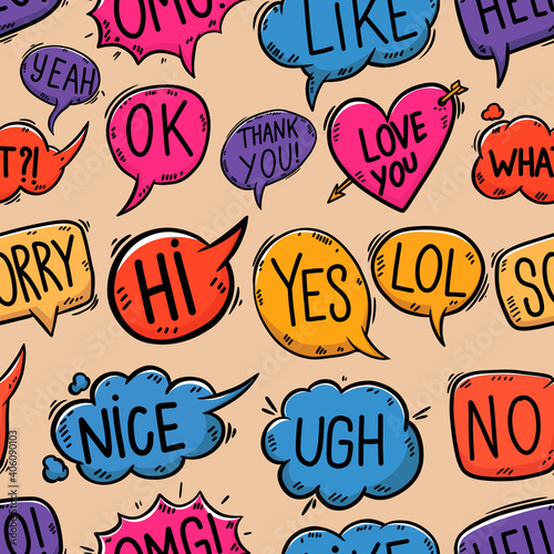 Seamless pattern with hand drawn comic style speech bubbles. Design element for poster, card, banner, t shirt.