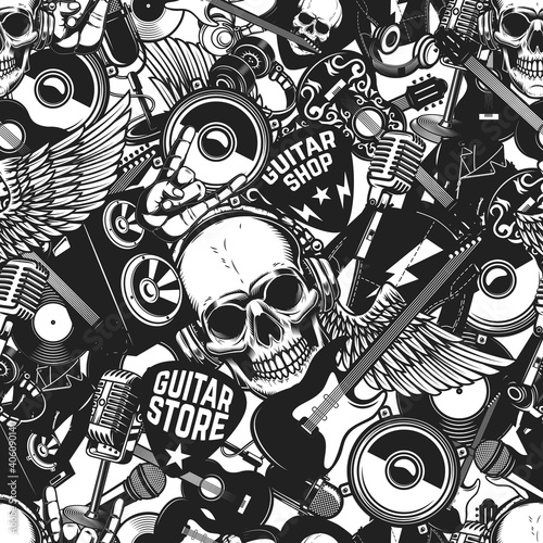 Fototapet Seamless pattern with rock and roll music elements in monochrome style