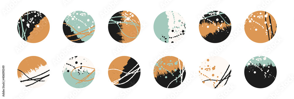 Grunge design set. Abstract circles. Round shape grungy elements collection. Grunge ink splatter. Paint stains. Quirky scribble stickers.