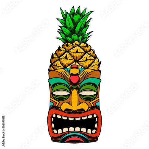 Illustration of Tiki tribal wooden mask. Design element for logo, emblem, sign, poster, card, banner.