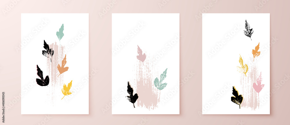 Grunge leaves postcard set. Abstract foliage for cards, covers, wall art or posters. Pastel colors backgrounds. Hibiscus leaf. Hibiscus syriacus foliage.